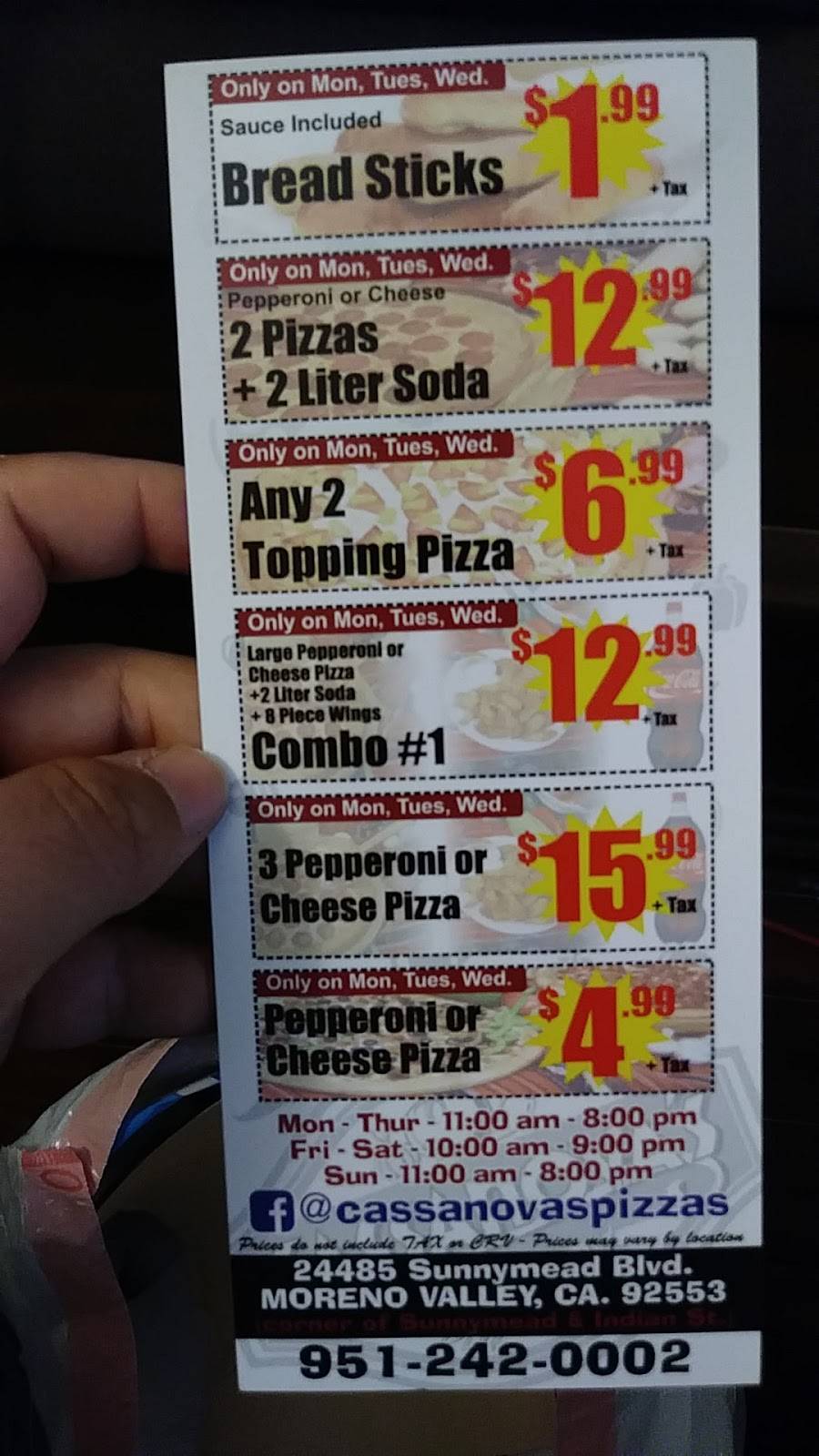 Cassanovas Pizza | restaurant | 24485 Sunnymead Boulevard, Moreno Valley, CA 92553, USA | 9512420002 OR +1 951-242-0002