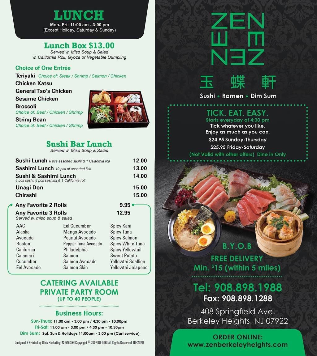 Zen Sushi Ramen Dim Sum | restaurant | 408 Springfield Ave, Berkeley Heights, NJ 07922, USA | 9088981988 OR +1 908-898-1988