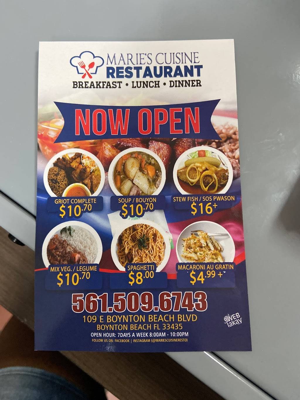 Maries Cuisine | restaurant | 109 E Boynton Beach Blvd, Boynton Beach, FL 33435, USA | 5615096743 OR +1 561-509-6743