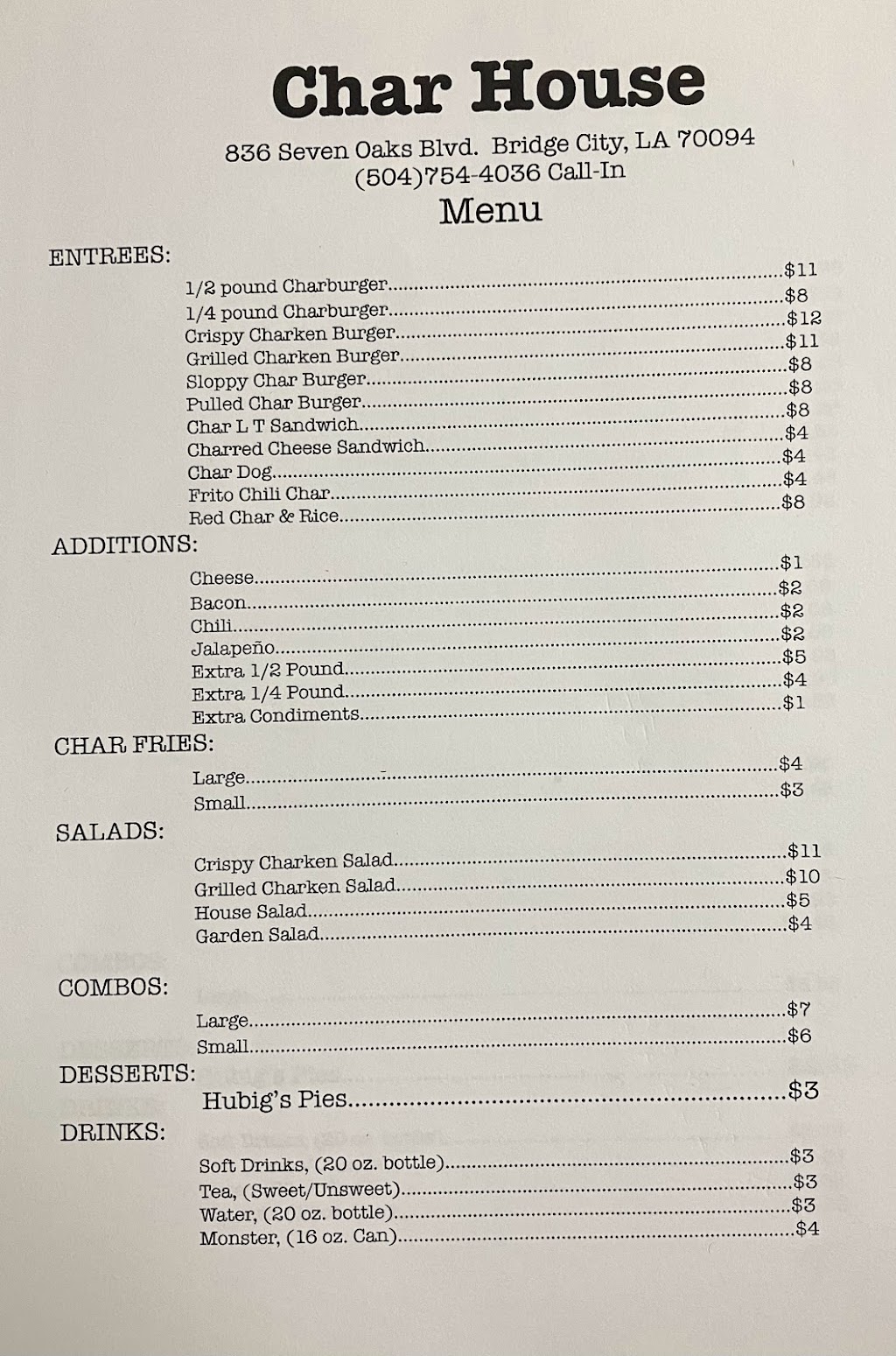 Char House | restaurant | 836 Seven Oaks Blvd, Bridge City, LA 70094, USA | 5047544036 OR +1 504-754-4036