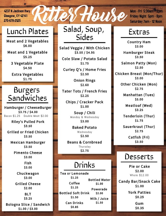 Ritter House, LLC | restaurant | 4237 N Jackson Hwy, Glasgow, KY 42141, USA | 2706782525 OR +1 270-678-2525