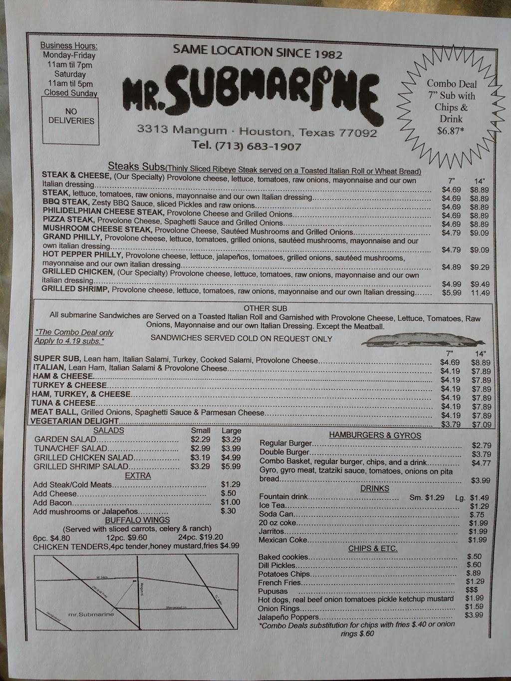 Mr Submarine | meal takeaway | 3313 Mangum Rd, Houston, TX 77092, USA | 7136831907 OR +1 713-683-1907