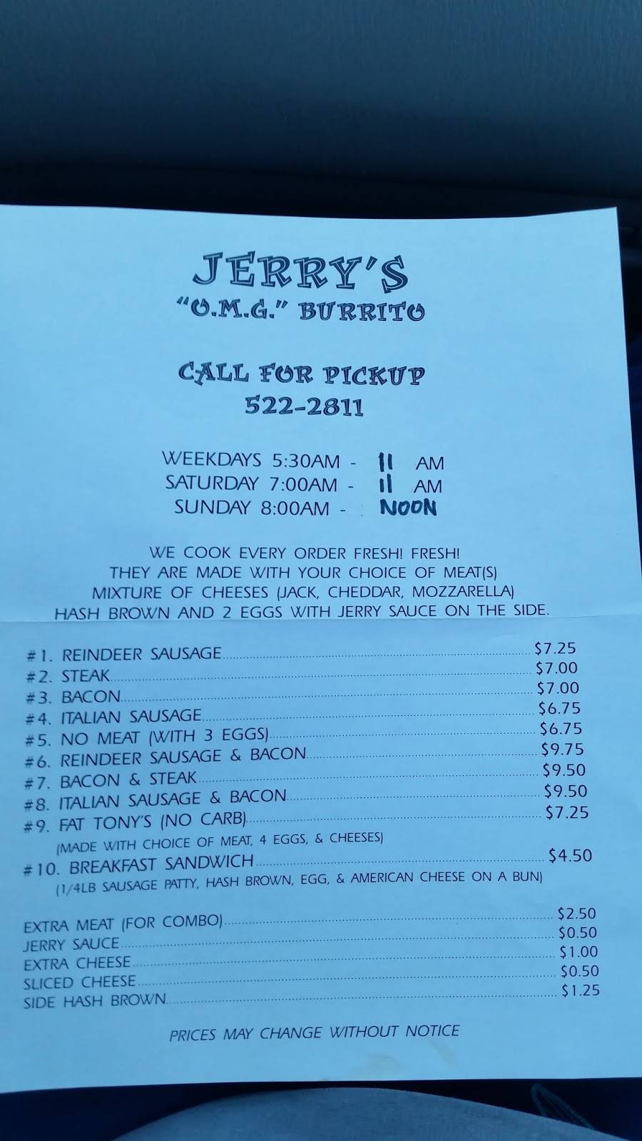 Jerrys OMG Burritos | restaurant | 919 E Dimond Blvd, Anchorage, AK 99515, USA | 9075222811 OR +1 907-522-2811