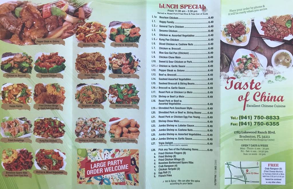 Taste of China | restaurant | 1783 Lakewood Ranch Blvd, Bradenton, FL 34211, USA | 9417508833 OR +1 941-750-8833