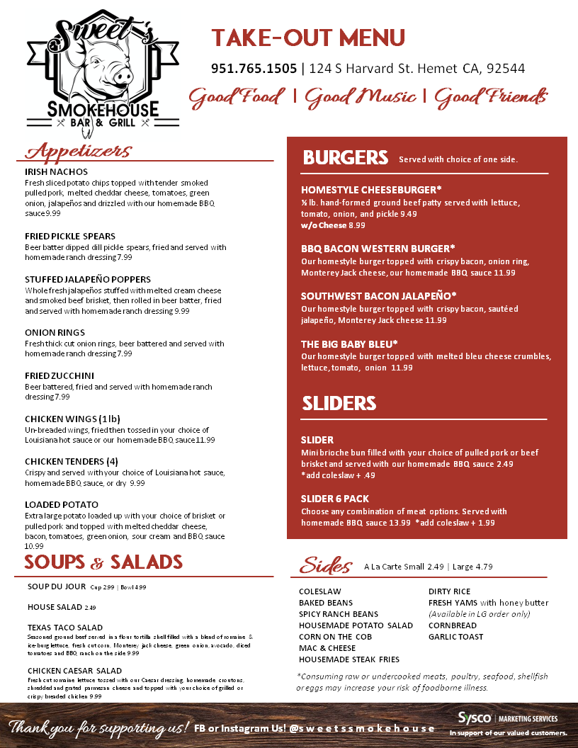 Sweets Smokehouse Bar & Grill | restaurant | 124 S Harvard St, Hemet, CA 92543, USA | 9517651505 OR +1 951-765-1505