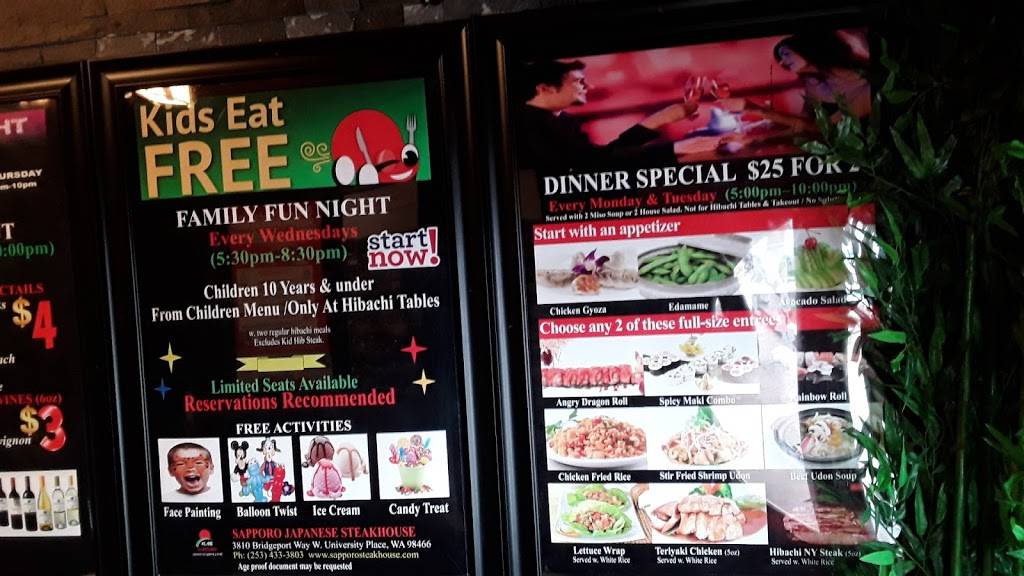Sapporo Japanese Restaurant | restaurant | 3814 Bridgeport Way W, University Place, WA 98466, USA | 2534333803 OR +1 253-433-3803