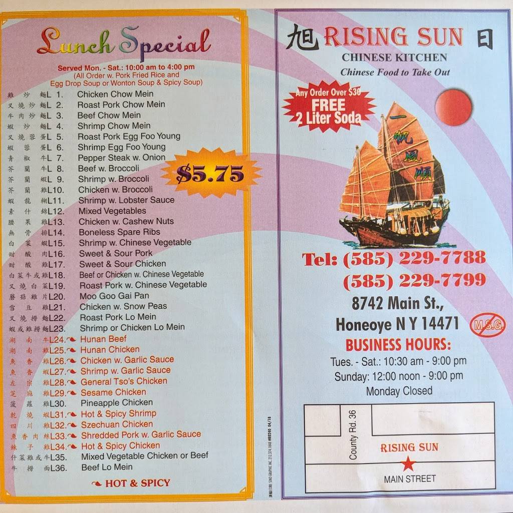 Rising Sun II Chinese Kitchen | restaurant | 8742 Main St, Honeoye, NY 14471, USA | 5852297788 OR +1 585-229-7788