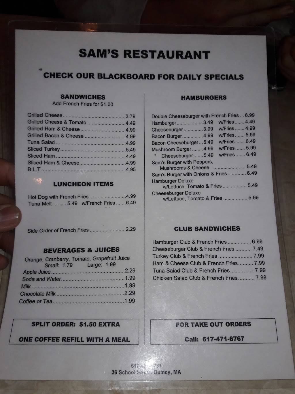 Sams Restaurant | restaurant | 36 School St, Quincy, MA 02169, USA | 6174716767 OR +1 617-471-6767