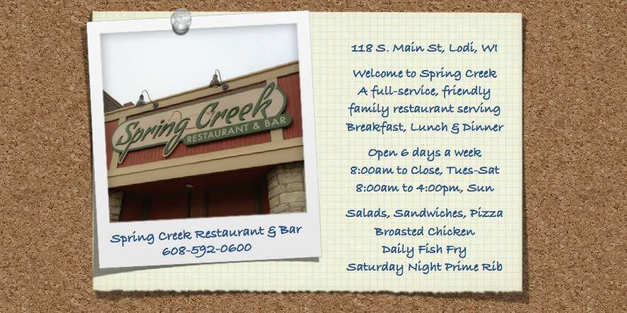 Spring Creek Restaurant | restaurant | 118 S Main St, Lodi, WI 53555, USA | 6085920600 OR +1 608-592-0600
