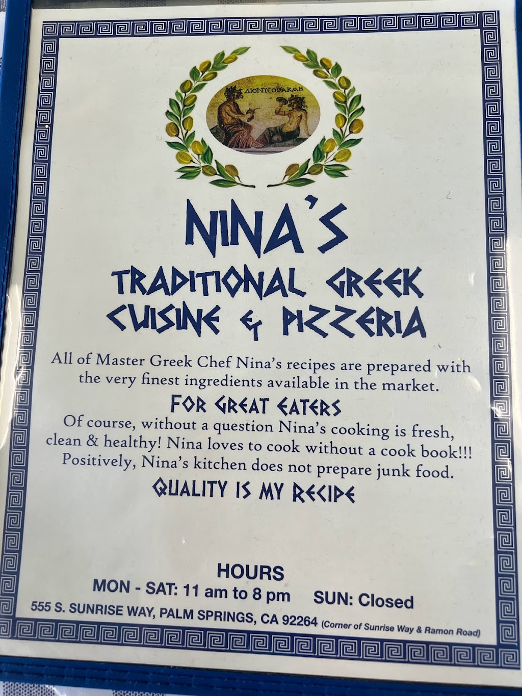 Nina’s Traditional Greek Cuisine & Pizzeria | restaurant | 555 S Sunrise Way, Palm Springs, CA 92264, USA | 7603238552 OR +1 760-323-8552