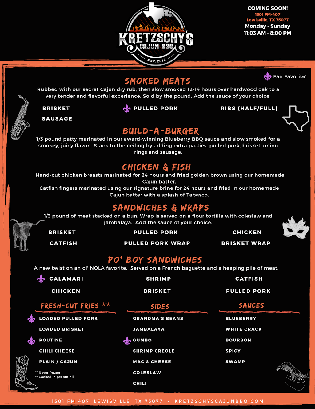 Kretzschys Cajun BBQ | restaurant | 1301 FM407 Suite 103, Lewisville, TX 75077, USA | 2145139305 OR +1 214-513-9305