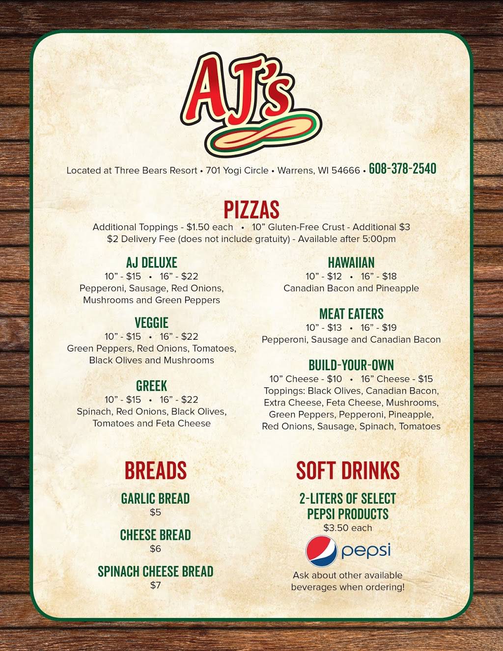 AJs Pizzeria | restaurant | 701 Yogi Cir, Warrens, WI 54666, USA | 6083782540 OR +1 608-378-2540