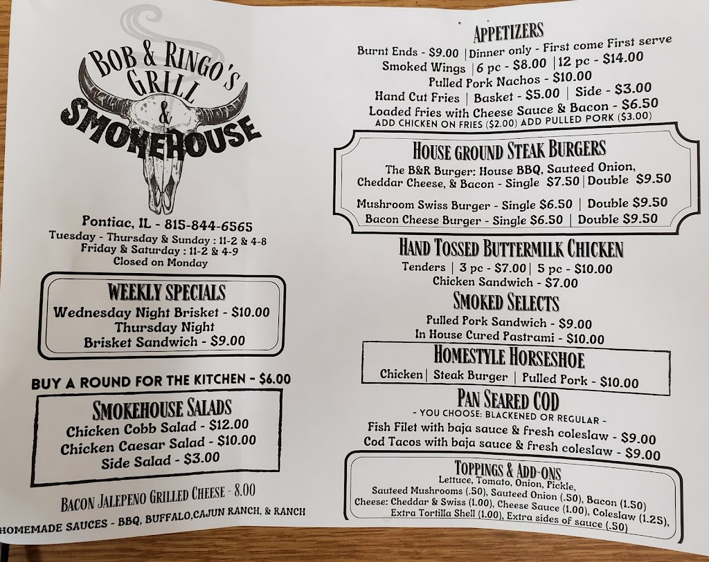 Bob & Ringos Grill & Smokehouse | restaurant | 223 W Madison St, Pontiac, IL 61764, USA | 8158446565 OR +1 815-844-6565