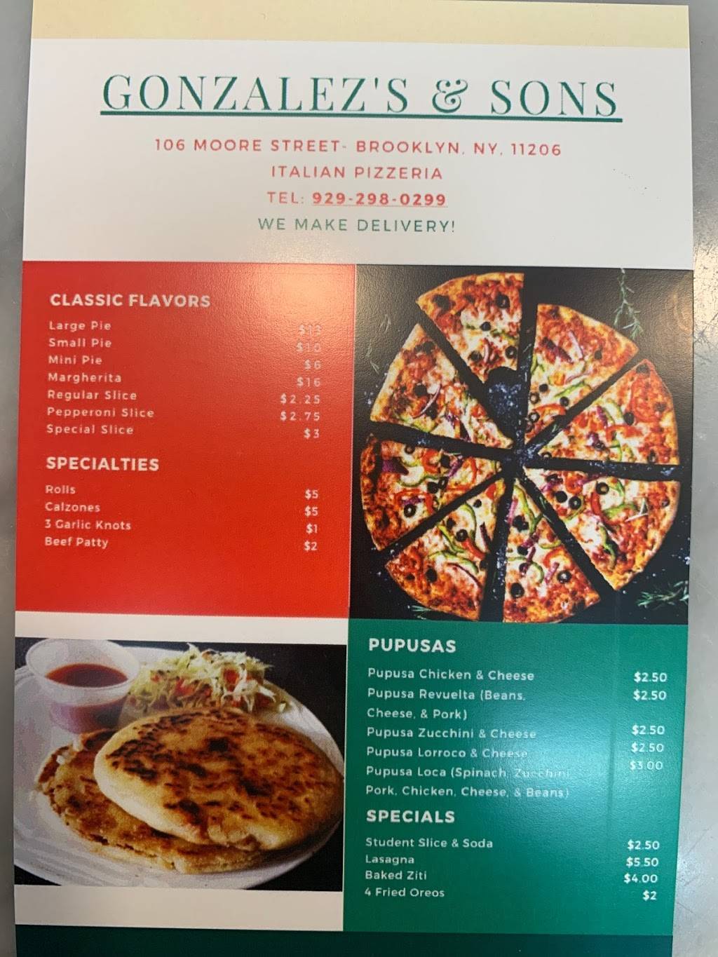Gonzalez’s & Son’s Pizza | restaurant | 106 Moore St, Brooklyn, NY 11206, USA | 9292980299 OR +1 929-298-0299