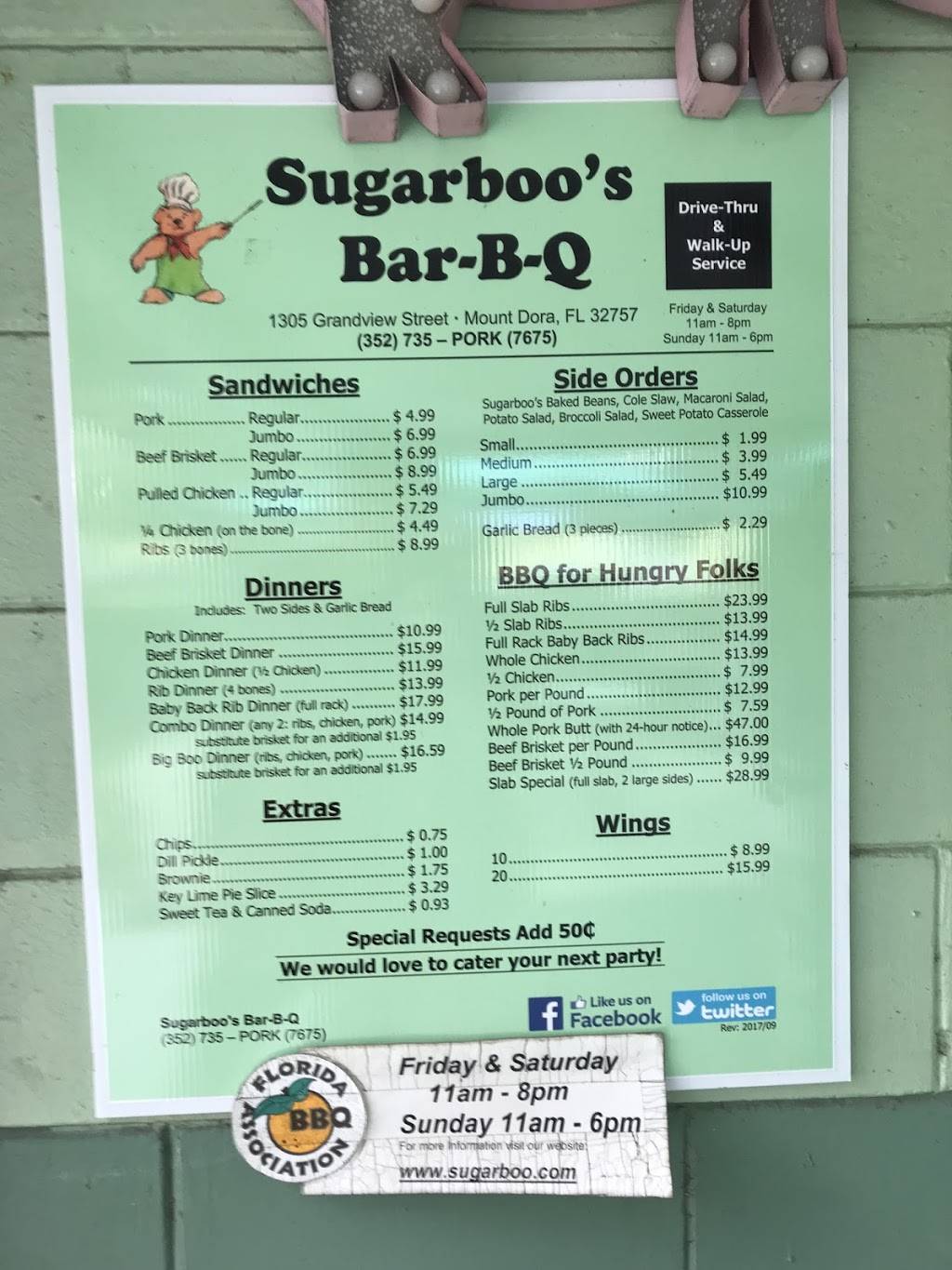 Sugar Boos Bar-B-Que | restaurant | 1305 N Grandview St, Mt Dora, FL 32757, USA | 3527357675 OR +1 352-735-7675