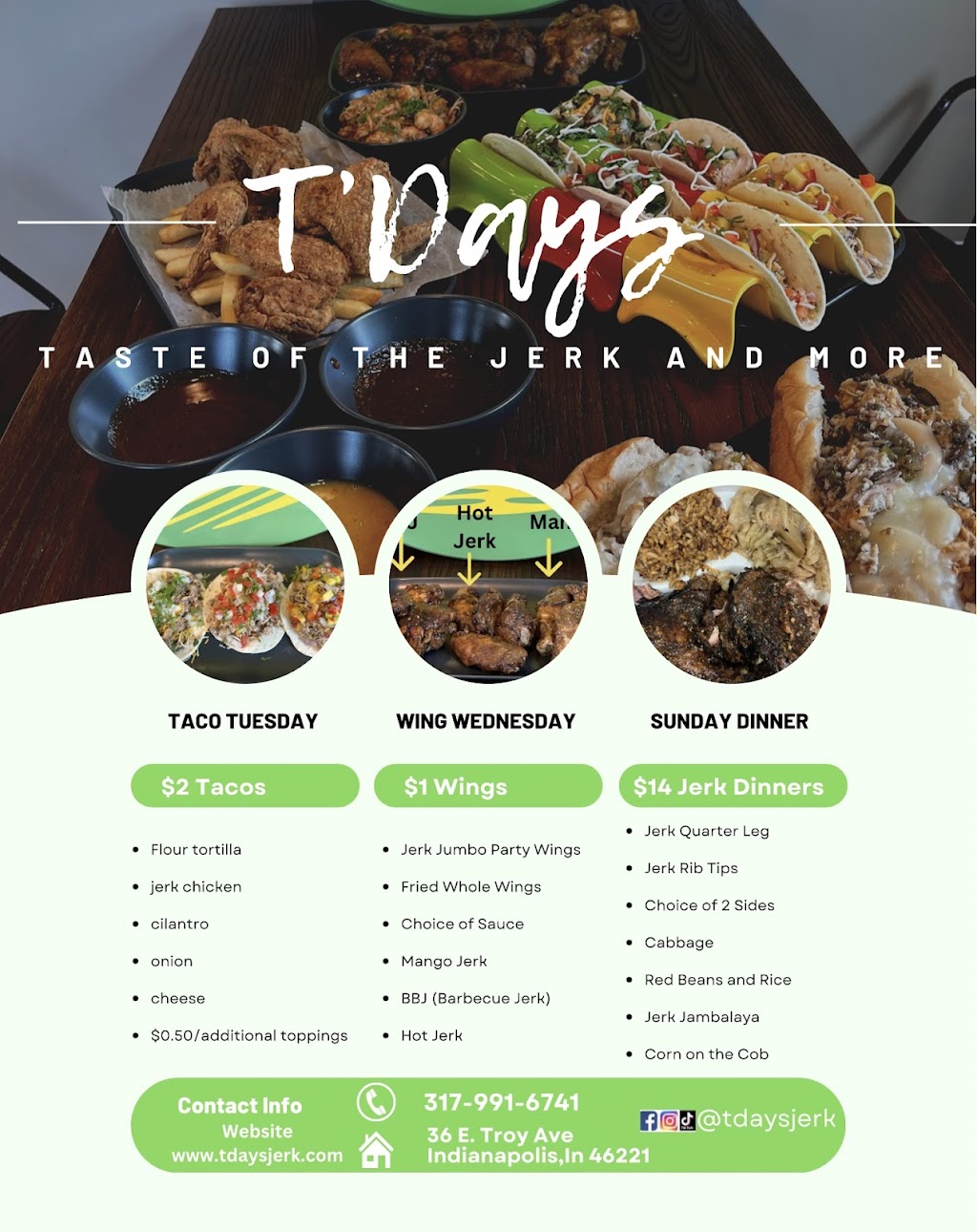 TDays Jerk | meal takeaway | 36 E Troy Ave, Indianapolis, IN 46225, USA | 3179916741 OR +1 317-991-6741
