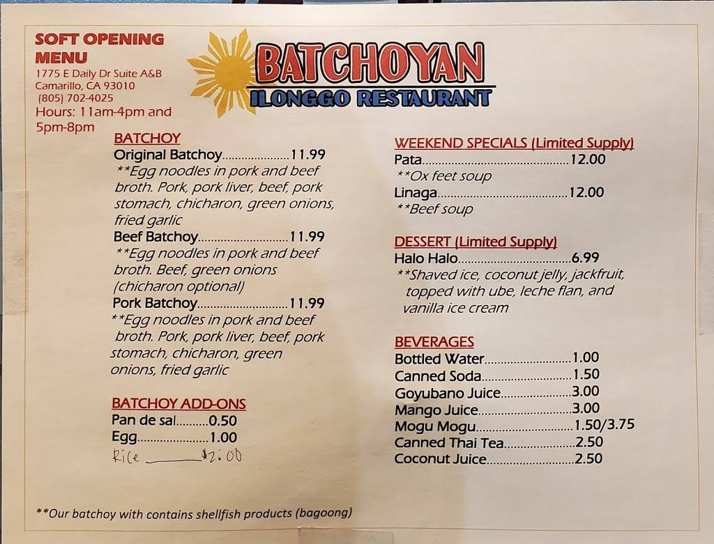 Batchoyan Ilonggo Restaurant | restaurant | 1775 E Daily Dr, Camarillo, CA 93010, USA | 8057024025 OR +1 805-702-4025