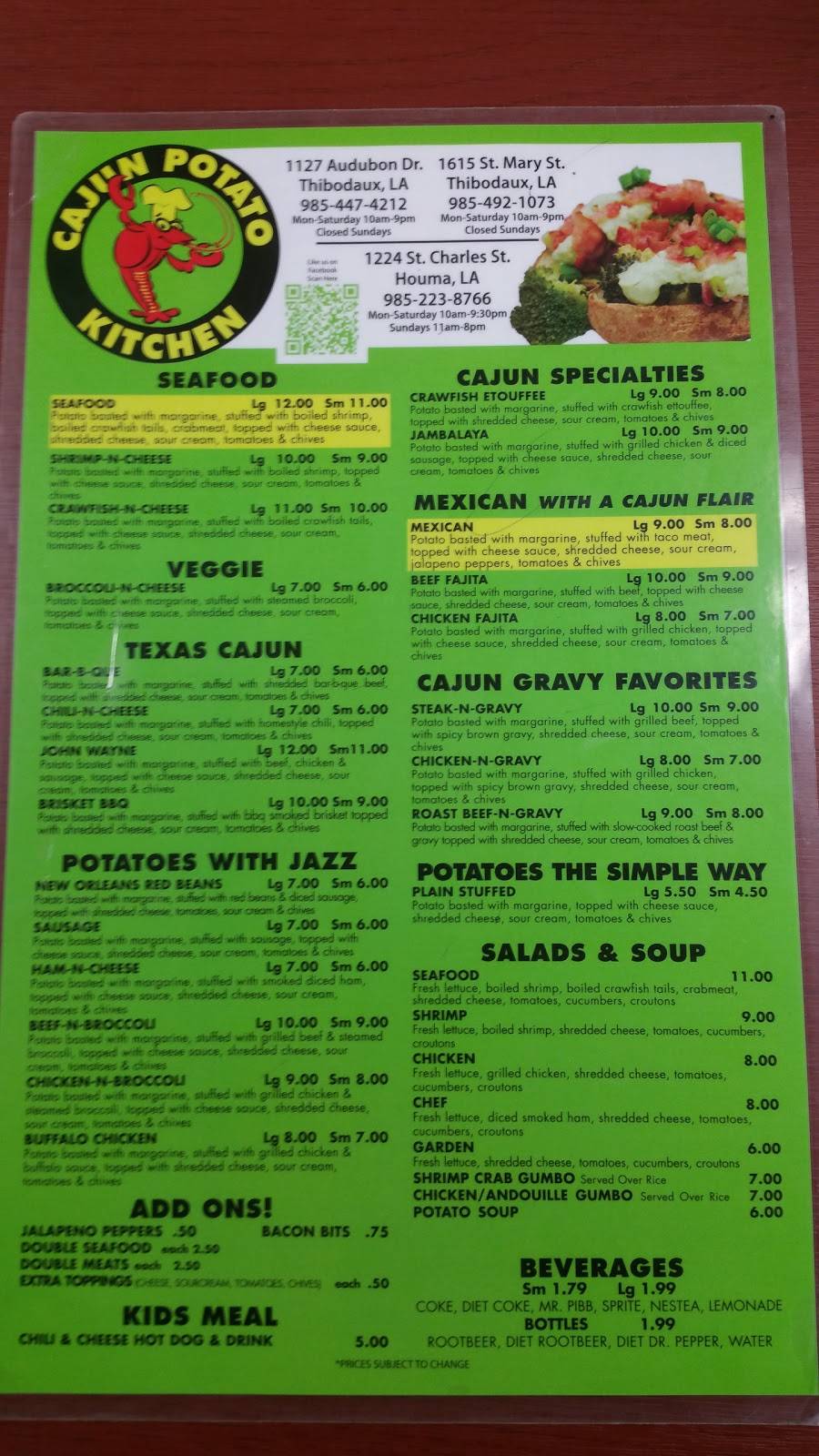 Cajun Potato Kitchen 3 | restaurant | 1615 St Mary St suite a, Thibodaux, LA 70301, USA | 9854921073 OR +1 985-492-1073