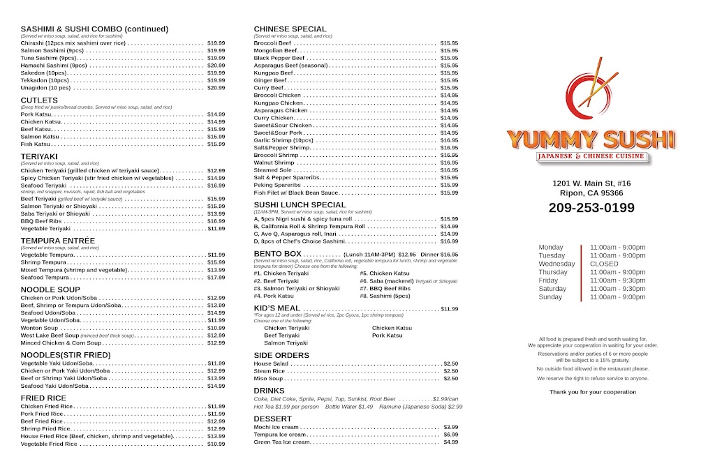 Yummy Sushi | restaurant | 1201 W Main St ste 16, Ripon, CA 95366, USA | 2092530199 OR +1 209-253-0199