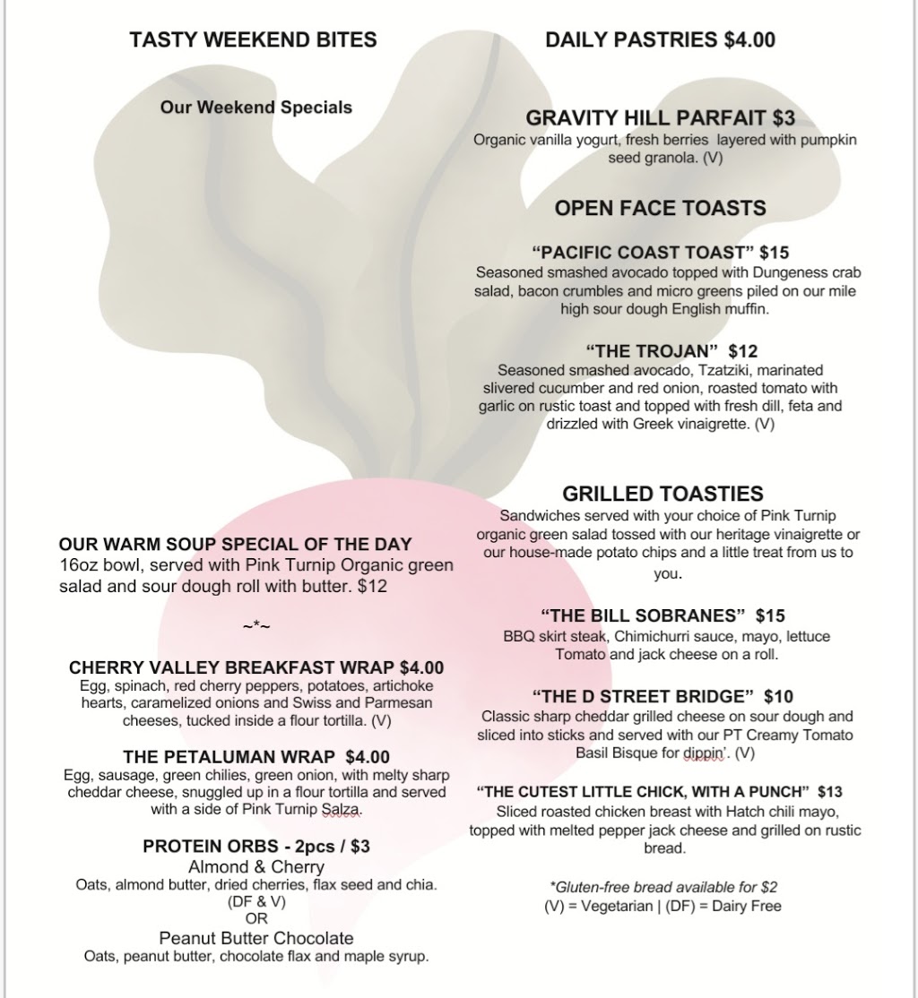 The Pink Turnip | cafe | Behind South City Market, 301 Mountain View Ave, Petaluma, CA 94952, USA | 7077788296 OR +1 707-778-8296