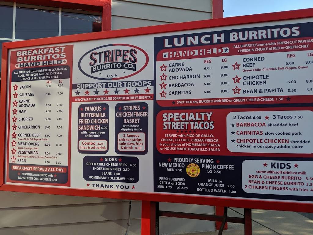 Stripes Burrito Co | restaurant | 5211 Gibson Blvd SE, Albuquerque, NM 87108, USA | 5052659200 OR +1 505-265-9200