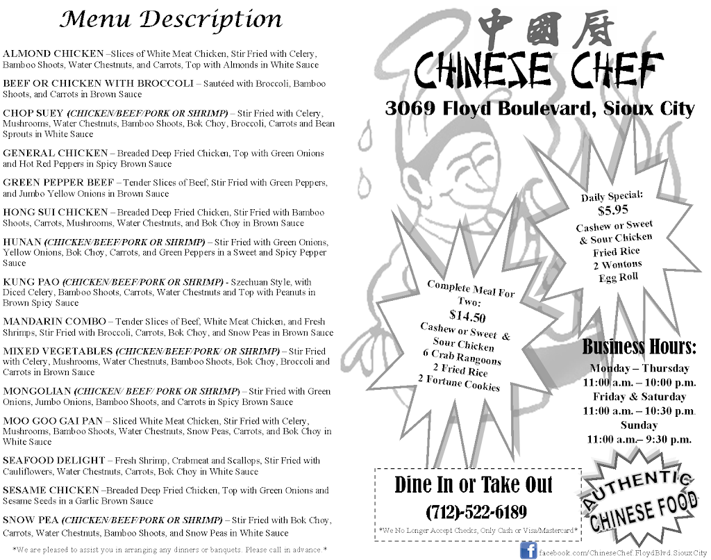 Chinese Chef | restaurant | 3069 Floyd Blvd, Sioux City, IA 51104, USA | 7125226189 OR +1 712-522-6189