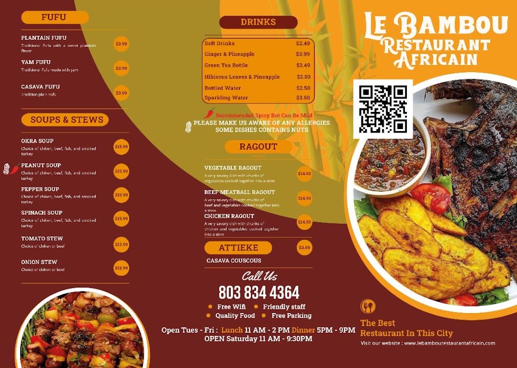 Le Bambou Restaurant Africain | restaurant | 10203 Two Notch Rd, Columbia, SC 29229, USA | 8038344364 OR +1 803-834-4364