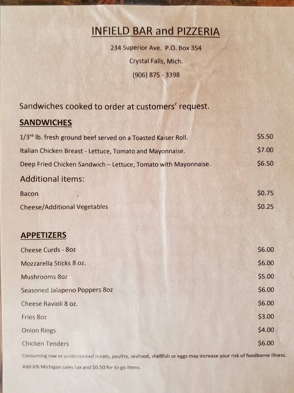 Infield Bar & Pizzeria Inc | restaurant | 234 Superior Ave, Crystal Falls, MI 49920, USA | 9068753398 OR +1 906-875-3398