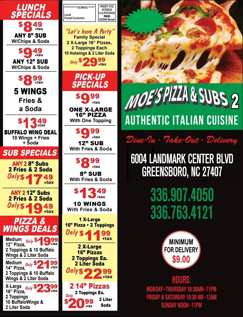 Moes Pizza & Subs 2 | restaurant | 6004-F, Landmark Center Blvd, Greensboro, NC 27407, USA | 3369380090 OR +1 336-938-0090