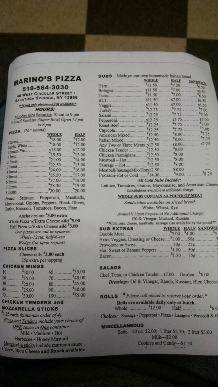 Marinos Pizza | restaurant | 46 W Circular St, Saratoga Springs, NY 12866, USA | 5185843030 OR +1 518-584-3030
