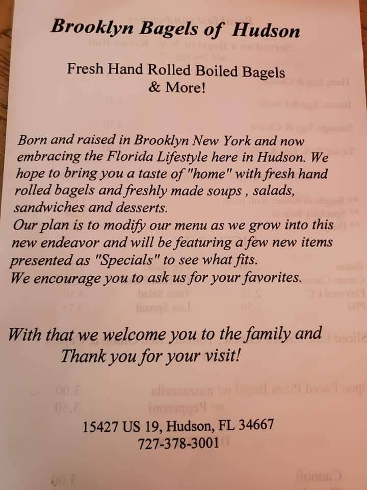 Brooklyn Bagels of Hudson | restaurant | 15427 US-19, Hudson, FL 34667, USA | 7273783001 OR +1 727-378-3001