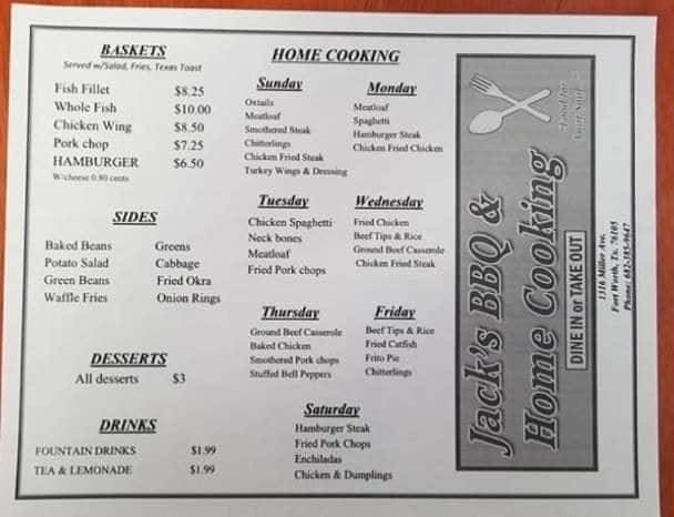 Jacks BBQ and Home Cooking | restaurant | 1316 Miller Ave, Fort Worth, TX 76105, USA | 6823859647 OR +1 682-385-9647