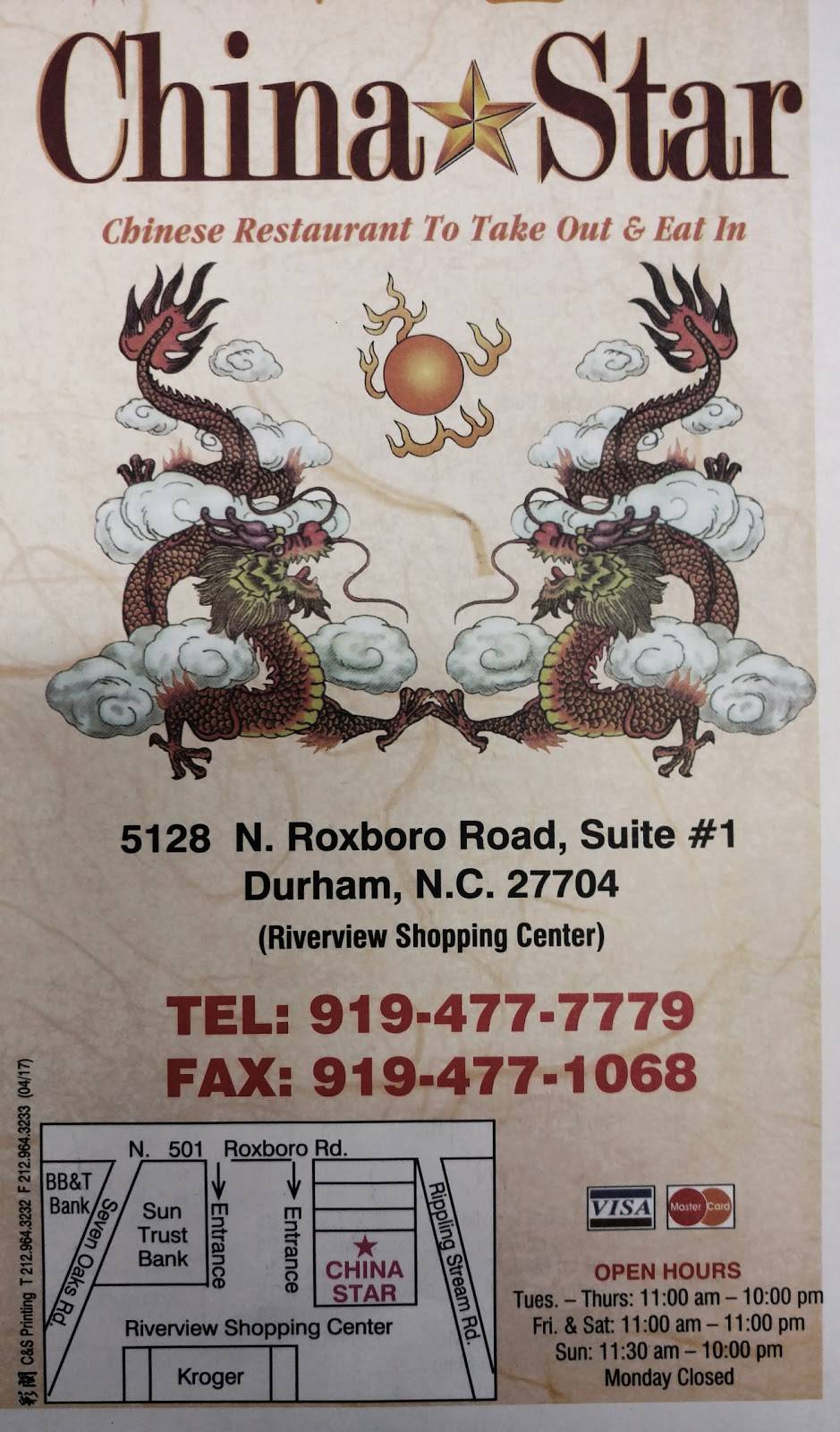 China Star | restaurant | 5128 N Roxboro St #1, Durham, NC 27704, USA | 9194771068 OR +1 919-477-1068