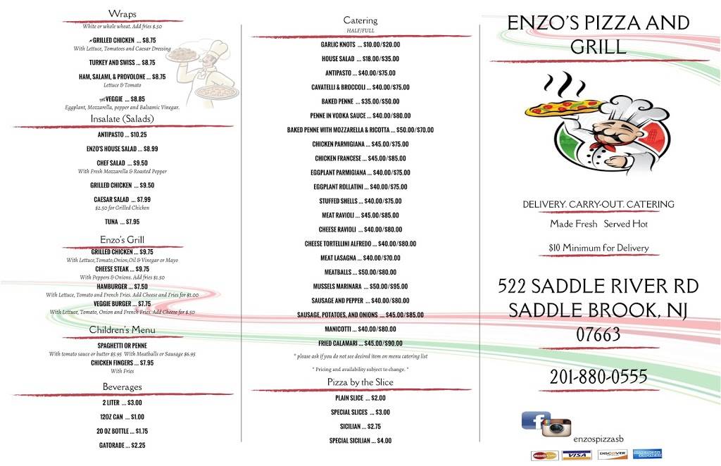 Enzos Pizza and Grill | restaurant | 522 Saddle River Rd, Saddle Brook, NJ 07663, USA | 2018800555 OR +1 201-880-0555