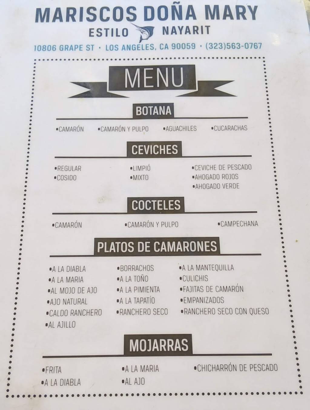 Doña Mary’s Mariscos | restaurant | 10806 Grape St, Los Angeles, CA 90059, USA | 3235630767 OR +1 323-563-0767