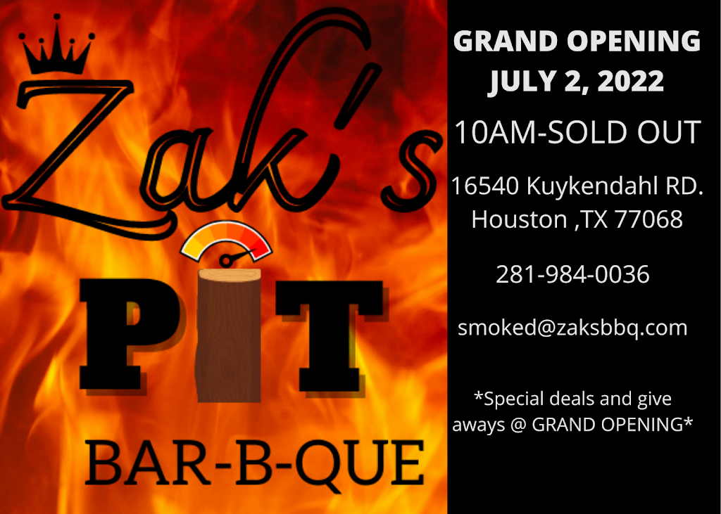 Zaks Pit BBQ | restaurant | 16540 Kuykendahl Rd, Houston, TX 77068, USA | 2819840036 OR +1 281-984-0036