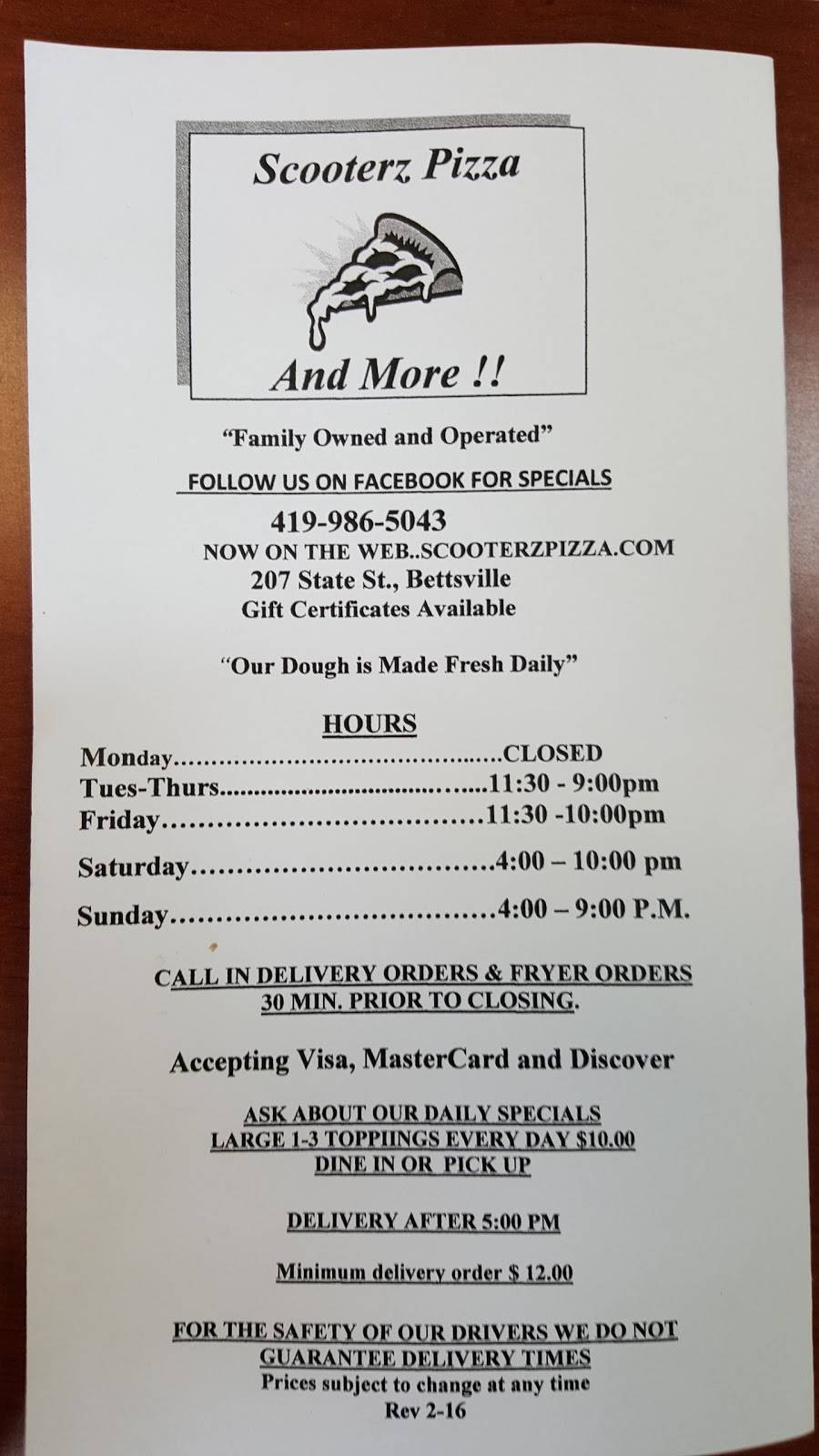 Scooterz Pizza | restaurant | 207 State St, Bettsville, OH 44815, USA | 4199865043 OR +1 419-986-5043