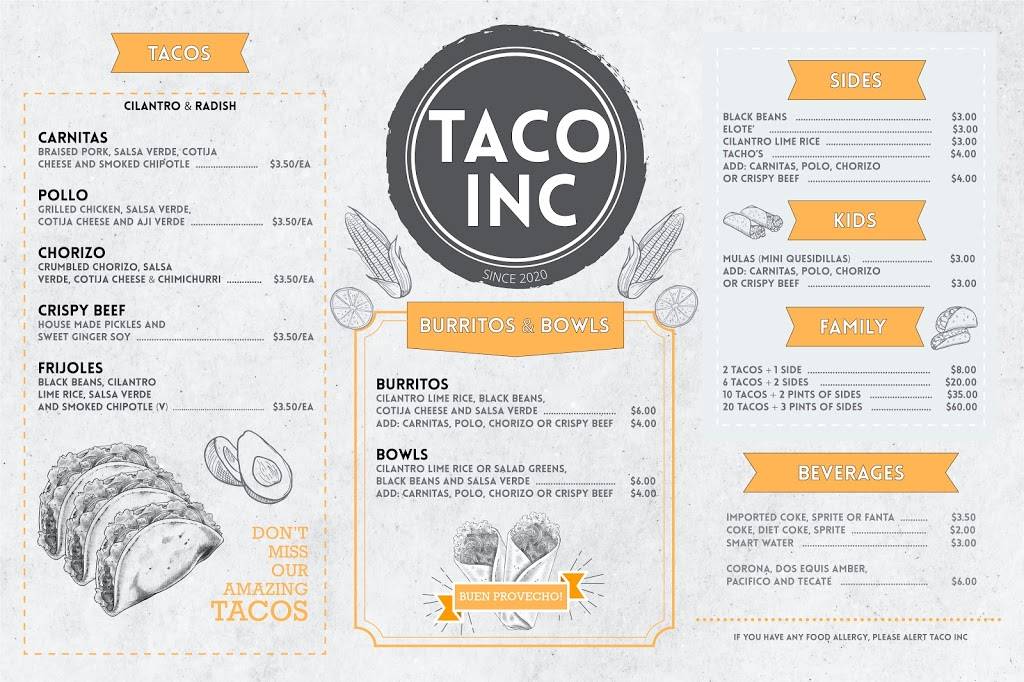 taco inc | restaurant | 465 Bedford Rd, Pleasantville, NY 10570, USA | 9144496044 OR +1 914-449-6044
