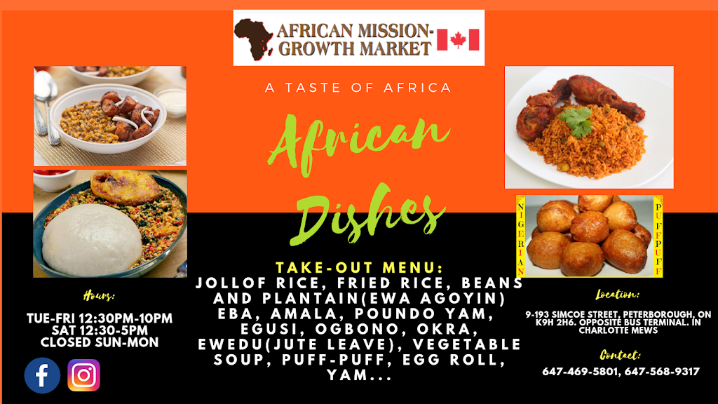 African Dishes Take-out (Africa Mission-Growth Market) | meal takeaway | 9-193 Simcoe St, Peterborough, ON K9H 2H6, Canada | 6474695801 OR +1 647-469-5801