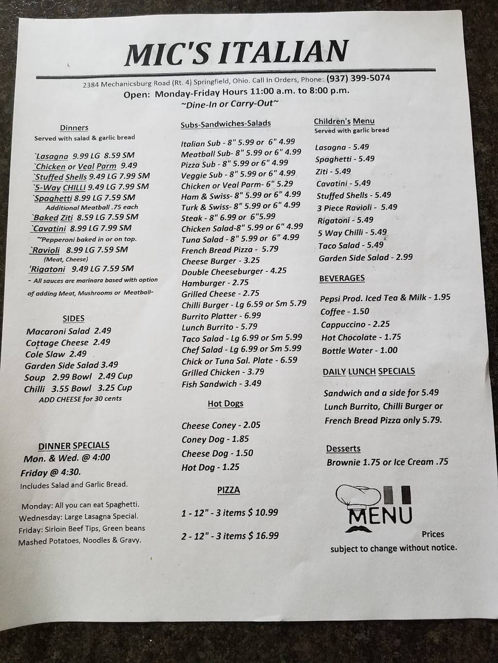 Mics Italian Restaurant | restaurant | 2384 Mechanicsburg Rd, Springfield, OH 45503, USA | 9373995074 OR +1 937-399-5074