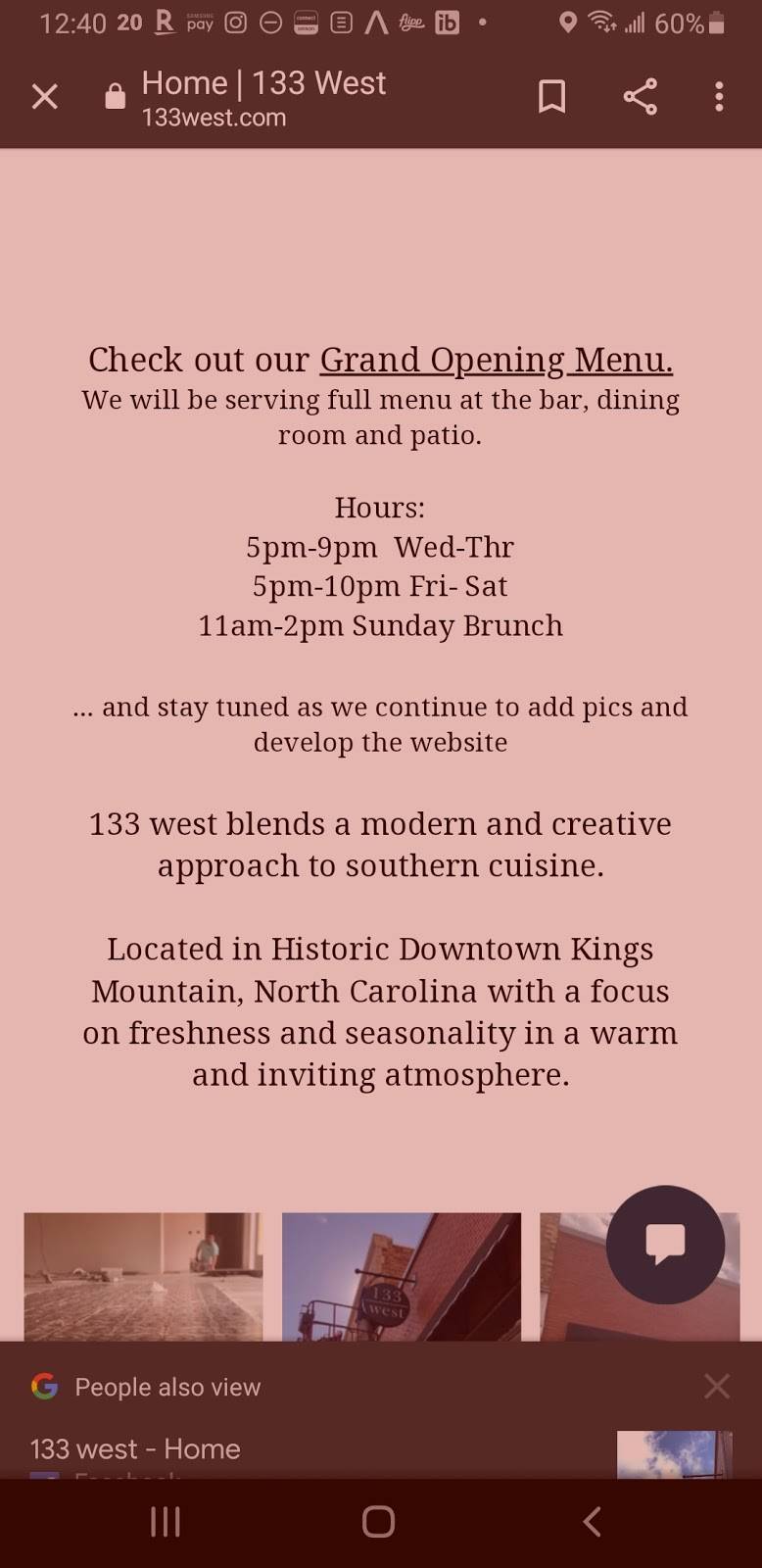 133 west | restaurant | 133 W Mountain St, Kings Mountain, NC 28086, USA | 7047504100 OR +1 704-750-4100