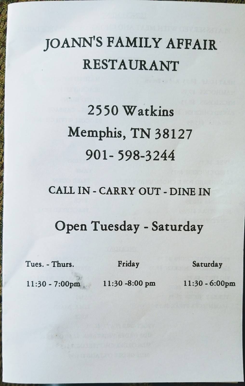 Joann Family Affair | restaurant | 2550 N Watkins St, Memphis, TN 38127, USA | 9015983244 OR +1 901-598-3244