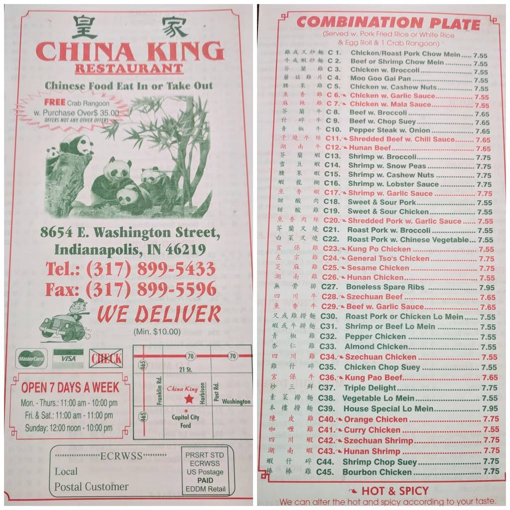 China King | restaurant | 8654 E Washington St, Indianapolis, IN 46219, USA | 3178995433 OR +1 317-899-5433