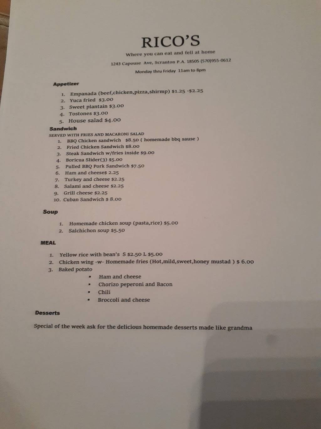 Ricos Spanish and Italian Cuisine LLC | restaurant | 1243 Capouse Ave, Scranton, PA 18509, USA | 5709550612 OR +1 570-955-0612