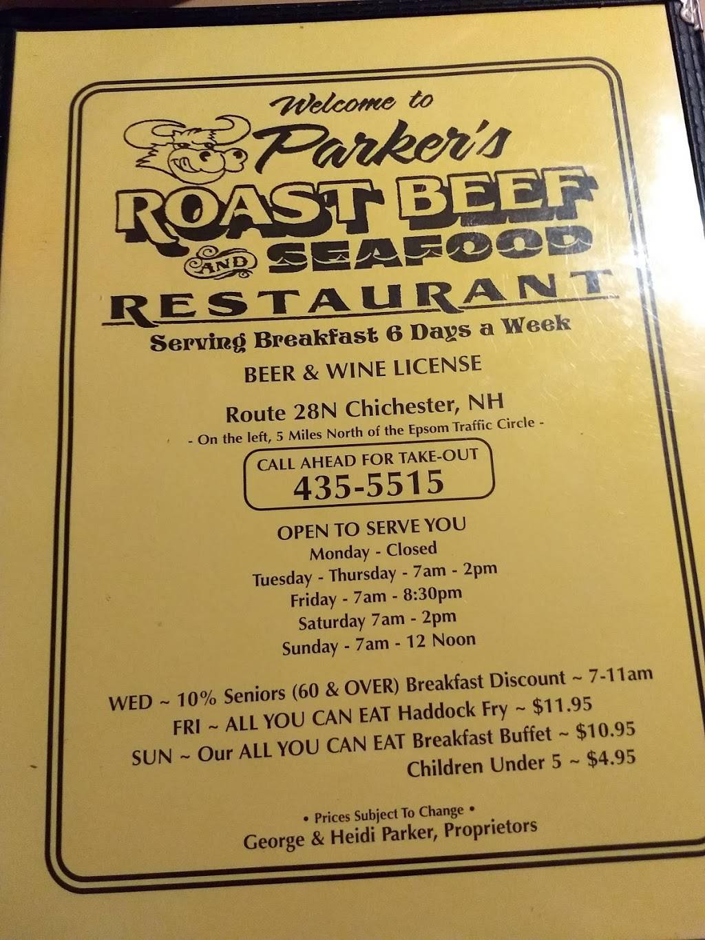 Parkers Roast Beef & Seafood | restaurant | 345 Suncook Valley Rd, Chichester, NH 03258, USA | 6034355515 OR +1 603-435-5515