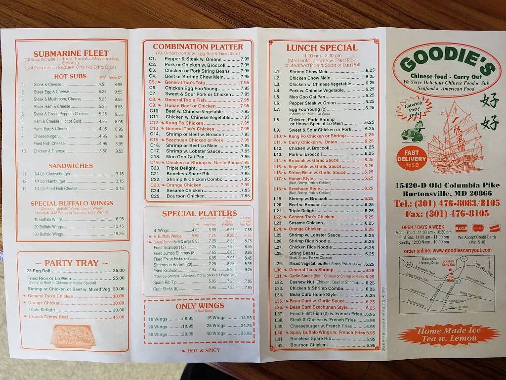Goodies Carryout | restaurant | 1683, 15420 Old Columbia Pike B, Burtonsville, MD 20866, USA | 3014768083 OR +1 301-476-8083