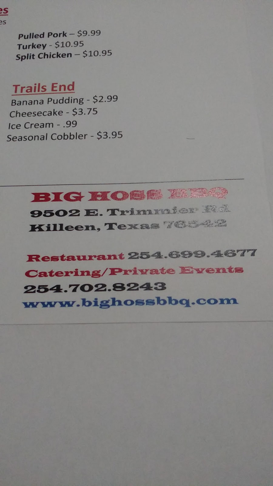 Big Hoss BBQ | restaurant | 9502 E Trimmier Rd, Killeen, TX 76542, USA | 2546994677 OR +1 254-699-4677