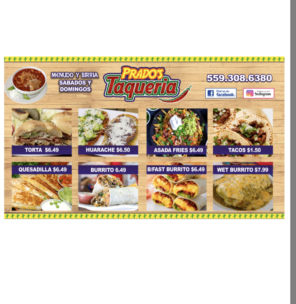 Prado’s Taqueria | restaurant | 1301 N Court St, Visalia, CA 93291, USA | 5593086380 OR +1 559-308-6380