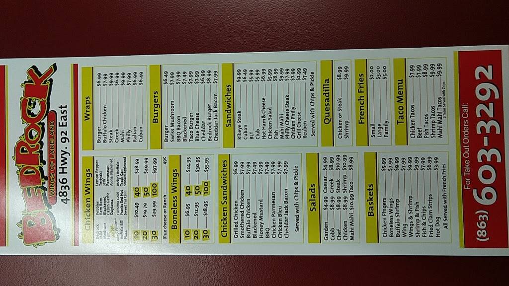 Bedrock Wings of Lakeland | restaurant | 4836 US-92, Lakeland, FL 33801, USA | 8636033292 OR +1 863-603-3292