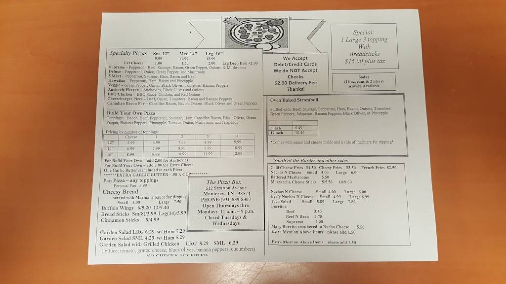 Pizza Box | restaurant | 512 E Stratton Ave #1604, Monterey, TN 38574, USA | 9318398307 OR +1 931-839-8307